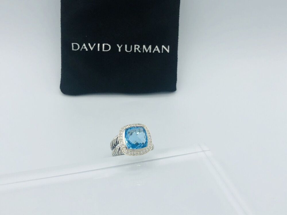 David Yurman Sterling Silver Albion Ring 11mm with Blue Topaz and Diamond size 7